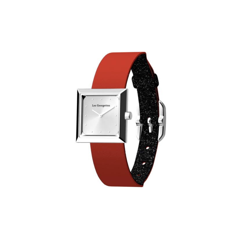 Reversible Black Glitter / Red watch, l’Absolue square watch case, Silver finish-lesgeorgettes