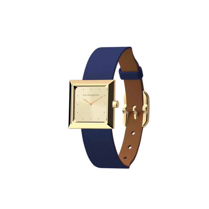 Reversible Denim Blue / Canyon watch, l’Absolue square watch case, Gold finish-lesgeorgettes