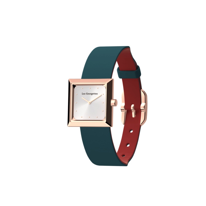 Reversible Petrol Blue / Raspberry watch, l’Absolue square watch case, Rose gold finish-lesgeorgettes